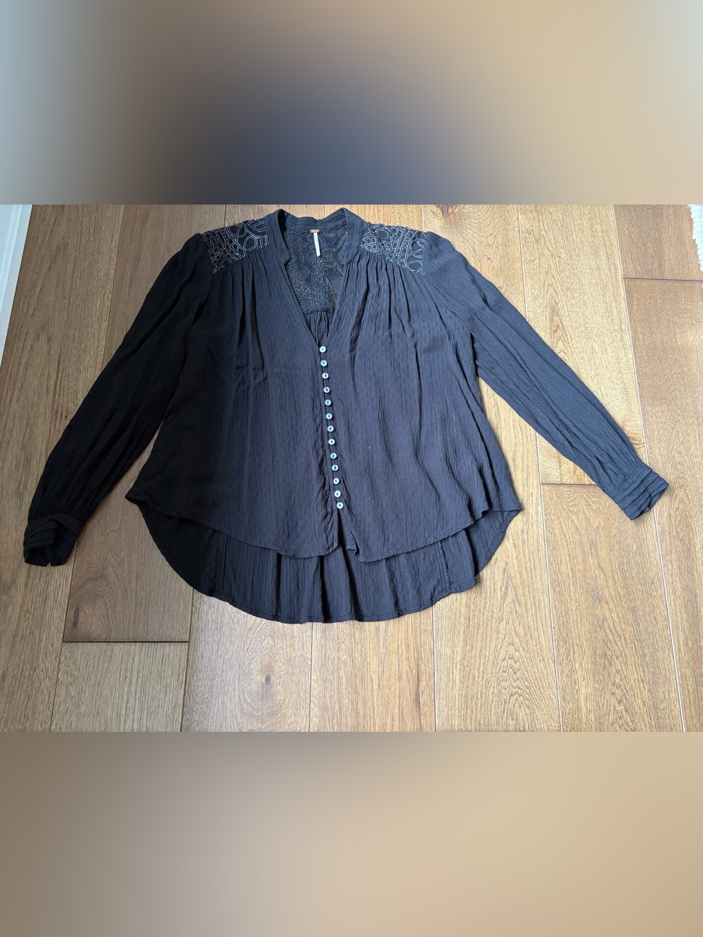 Free People Black Button-Front Blouse with Lace Yoke